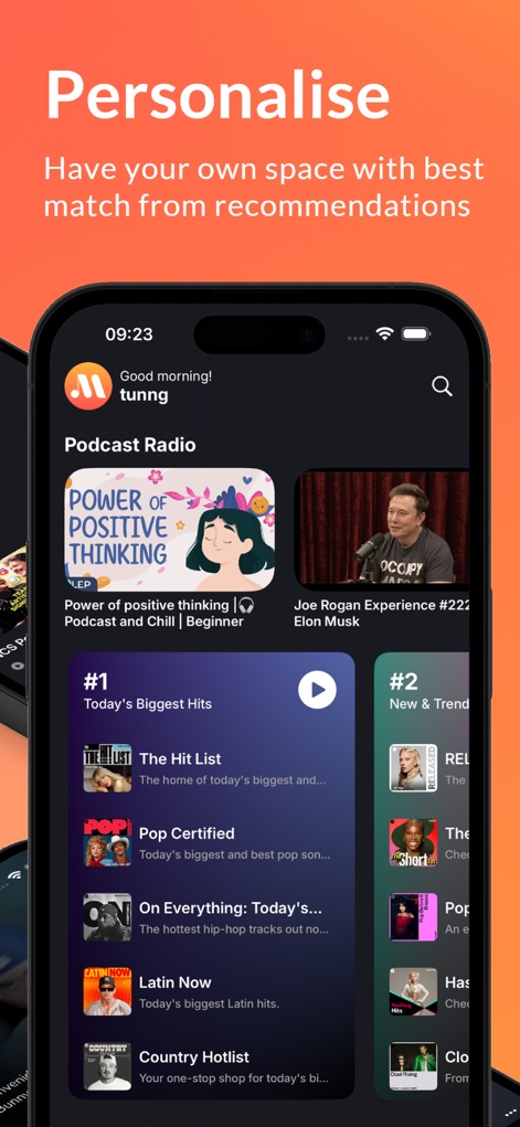Music Player & iMusic・eTube - Discover the app's intelligent recommendation engine, surfacing personalized greetings like 'Good morning! tunng' and relevant content such as 'Podcast Radio' tailored to individual tastes.