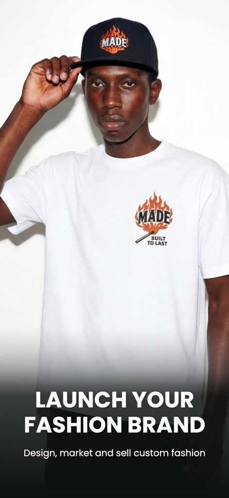 FLYP - Fashion Design Studio - Users can see how the app empowers brand launches, showcasing custom apparel on a model and emphasizing the comprehensive design-to-sell process.