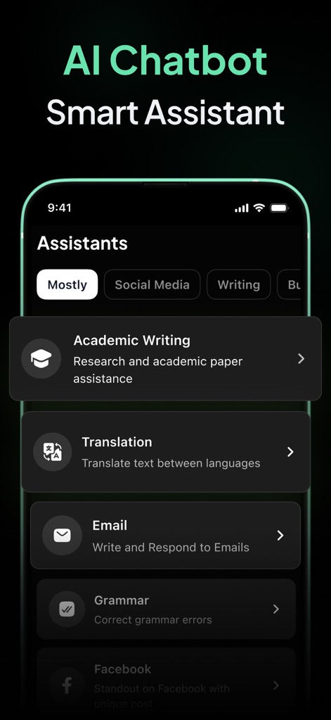AI Chatbot - Ask Me Anything - The app offers dedicated AI assistants for various tasks, categorized for easy navigation, such as Academic Writing and Translation services.