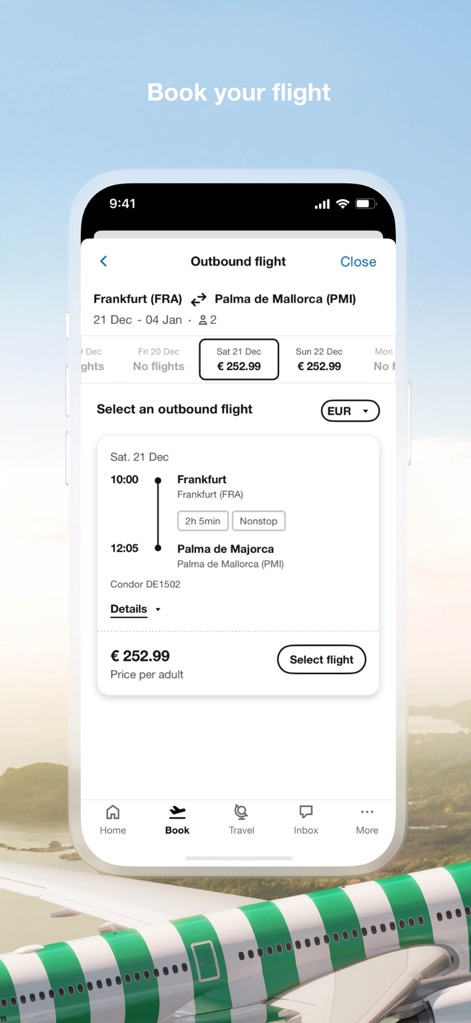 Condor Airlines - Esta vista detalla las opciones de vuelo saliente, con pestañas para seleccionar la fecha del '21 Dec' y un resumen claro de los 'detalles' del vuelo, incluyendo duración y precio.