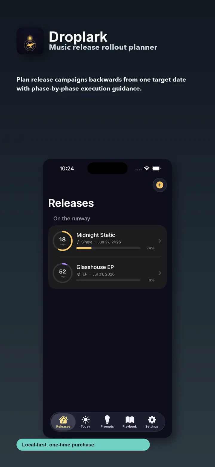 Droplark iPhone 6.7" screenshot 1: Music release rollout planner