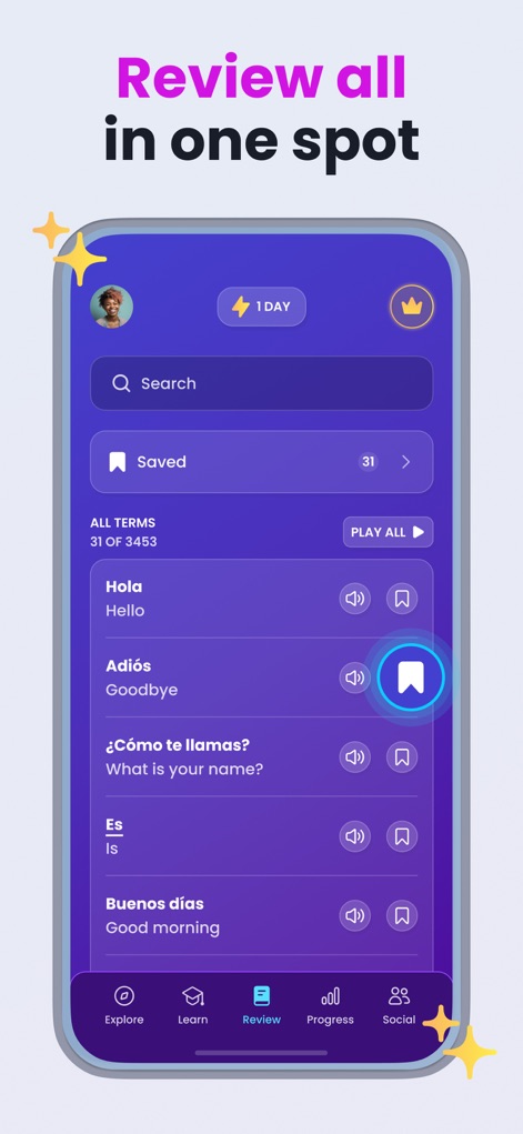 Mondly: Learn 41 Languages - This tool centralizes learning, allowing users to review saved terms and play all entries directly from the organized vocabulary list.