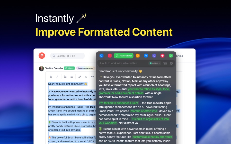 #1. Fluent: AI Writing Assistant (macOS) 来自: Vadim Ermolin