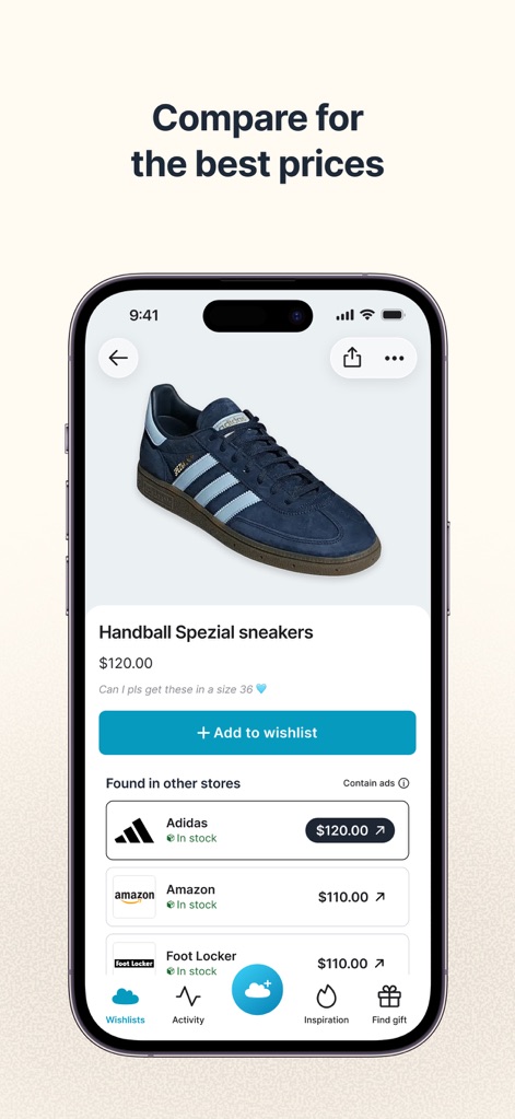 GoWish - Your Digital Wishlist - The app provides a detailed product view with an 'Add to wishlist' button and an integrated price comparison feature displaying options from various retailers.