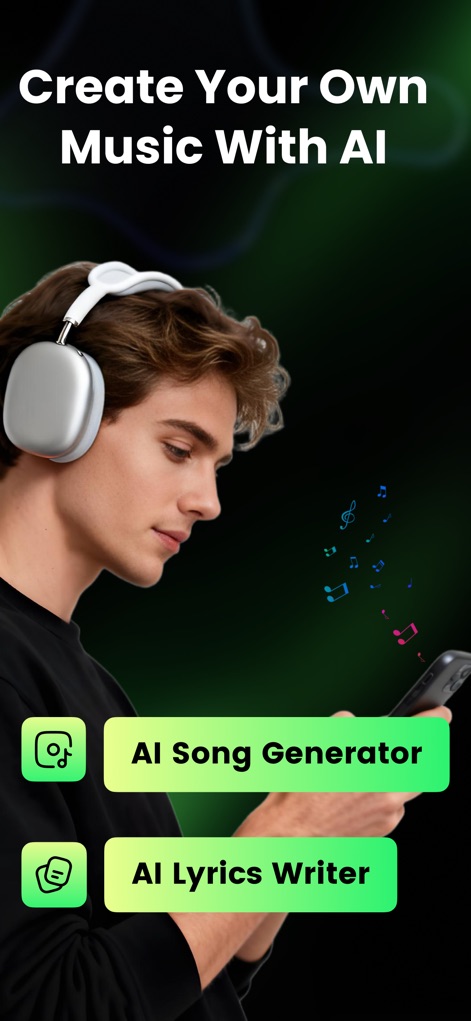 AI Song Generator - Musicful - See how the app offers immediate access to its core functionalities through the prominent 'AI Song Generator' and 'AI Lyrics Writer' buttons, simplifying the music creation journey for all users.