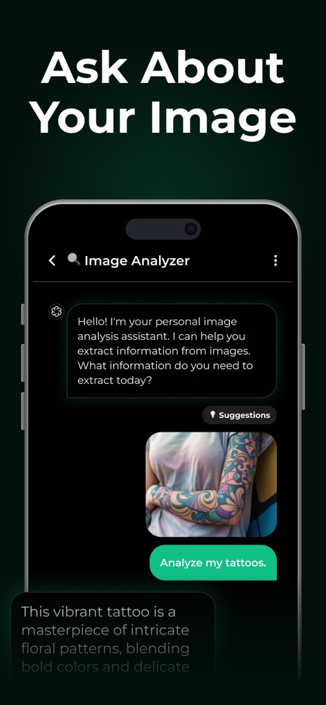 AI! Chatbot Agent－Ask & Chat - Téléchargez une image et l'application l'analyse pour fournir des descriptions précises, comme l'explication des motifs de tatouages complexes.