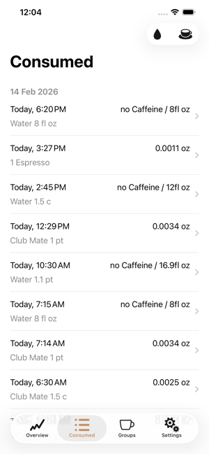 تطبيق الكافيين - لقطة شاشة لعداد الكافيين اليومي