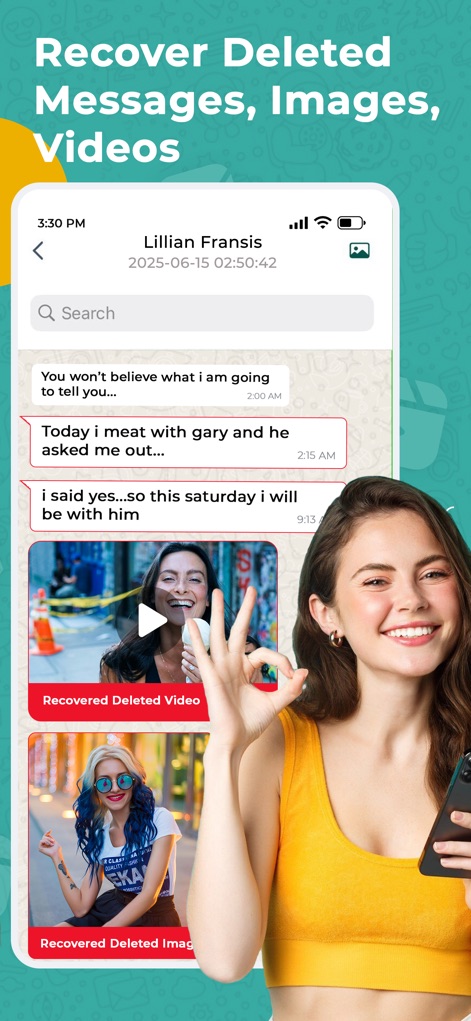 WAMR Recover Deleted Messages - This screenshot highlights the app's capability to recover deleted media, clearly showing a recovered video thumbnail and a "Recovered Deleted Image" label alongside restored text messages.