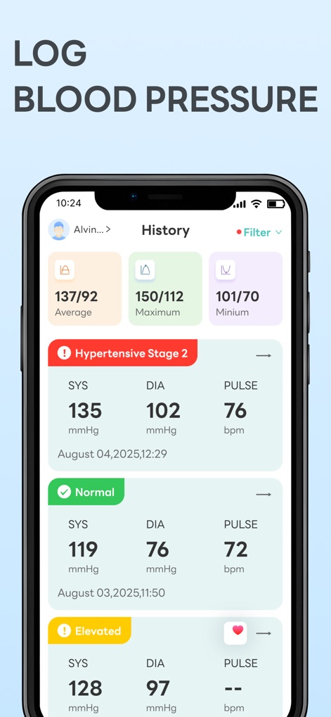 Finger Blood Pressure: BP Mate - Explore the app's detailed history log, which tracks average, maximum, and minimum readings alongside individual entries categorized by health status.