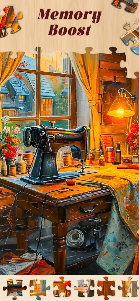Jigsaw Master - Jigsaw Puzzles - This tool provides a 'Memory Boost' through its intricate scenes, such as the antique sewing machine, encouraging players to recall piece placements.
