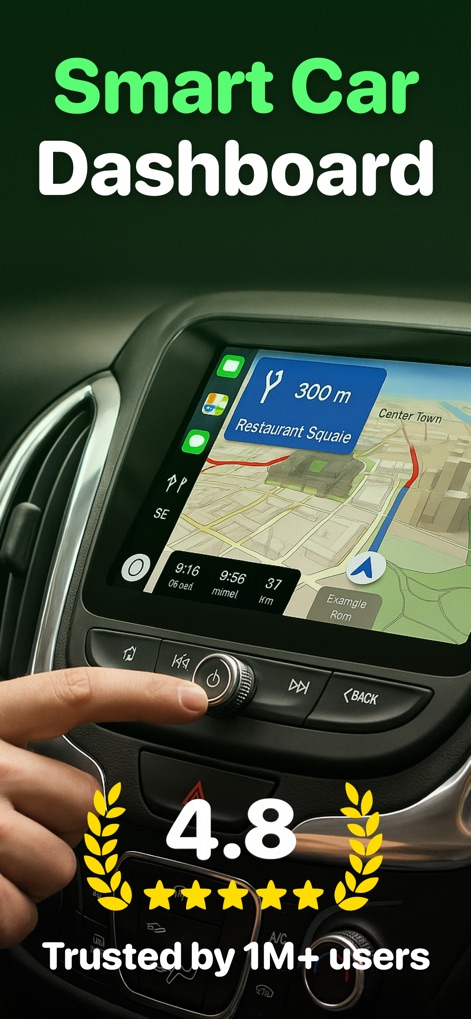 Car Play Connect - Auto Sync - Esta captura muestra la fluidez de la aplicación integrada en el salpicadero del coche, destacando una navegación detallada con un mapa y la alta valoración de 4.8 estrellas por parte de un millón de usuarios.