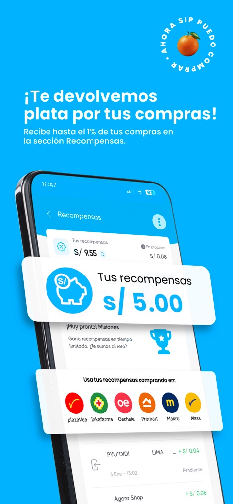 Sip: tu billetera digital - Esta herramienta permite a los usuarios visualizar sus recompensas acumuladas y los logotipos de los establecimientos asociados donde pueden redimir los beneficios de cashback.