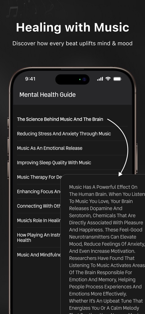 RYT - Music Player - La sección "Healing with Music" presenta una "Mental Health Guide" y un texto informativo que detalla el impacto positivo de la música en el bienestar.