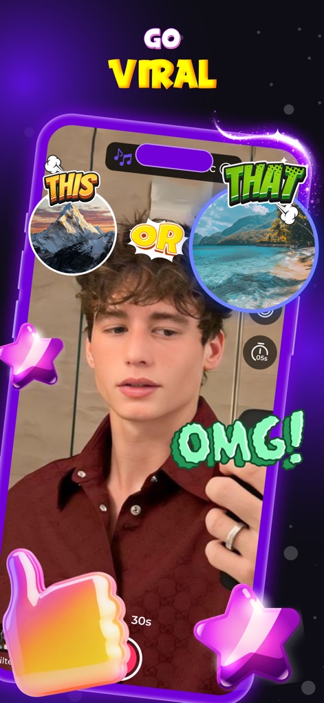 This or That: Funny Filter - Empowering users to 'Go Viral,' the app presents captivating 'THIS' or 'THAT' scenarios like mountains vs. oceans, complete with an 'OMG!' reaction graphic.