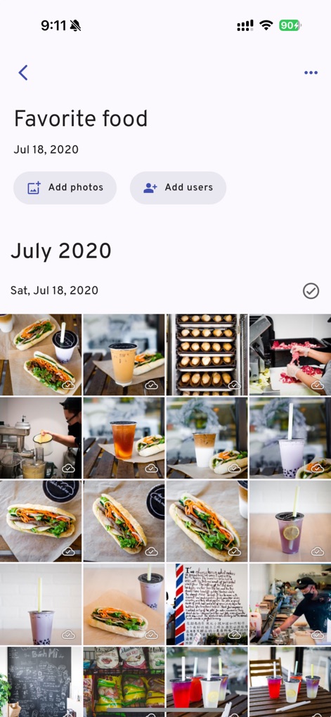 Immich - Create and manage custom photo albums, exemplified by "Favorite food," and easily invite "Add users" for collaborative sharing.