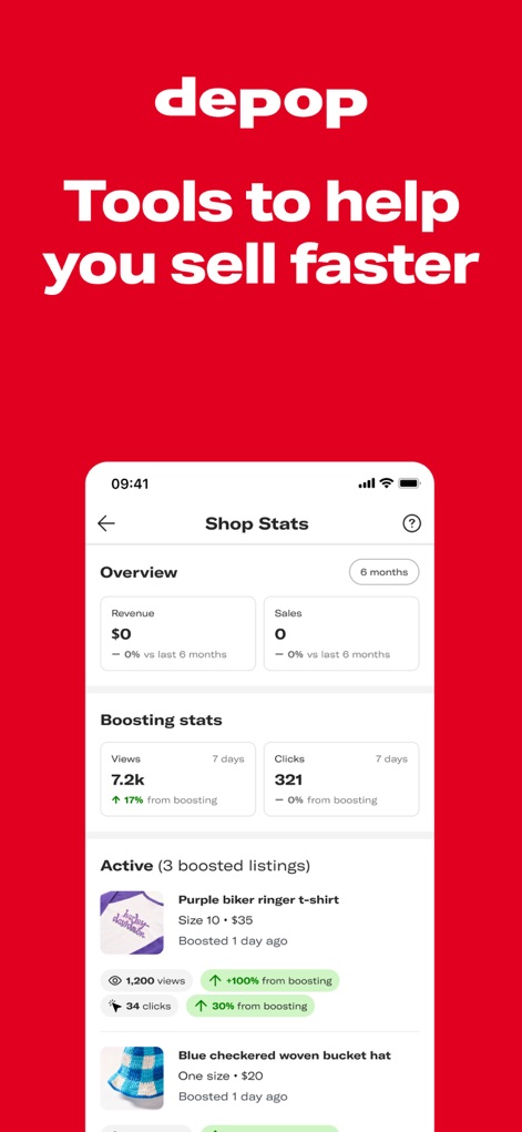Depop - Buy & Sell Clothes - Sellers can optimize their business with comprehensive 'Shop Stats' tracking revenue and sales, alongside detailed 'Boosting stats' to monitor listing performance.