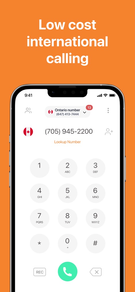 Phoner: Second Phone Number - Dieser Screenshot demonstriert die Unterstützung für kostengünstige internationale Anrufe, erkennbar an der 'kanadischen Flagge' neben der Rufnummer und der 'Ontario number' Angabe.