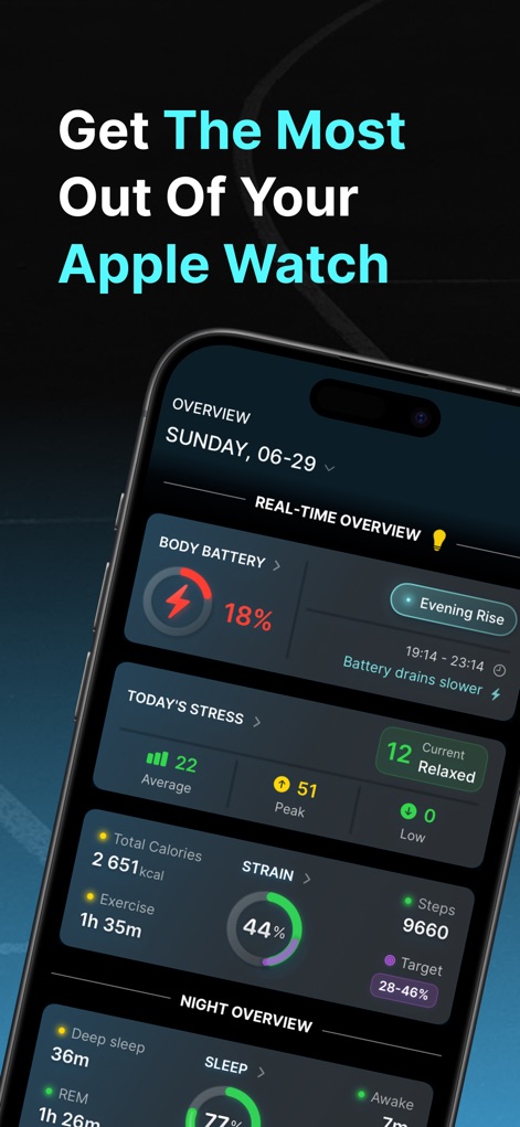 Livity: Sleep & Health Tracker - This tool provides an immediate snapshot of daily well-being, featuring key metrics like the Body Battery percentage and a detailed Today's Stress score.