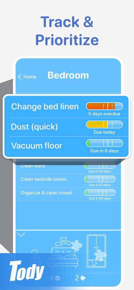 Tody - The app offers clear task prioritization, featuring progress bars that visualize cleaning needs and indicators for overdue or upcoming responsibilities.