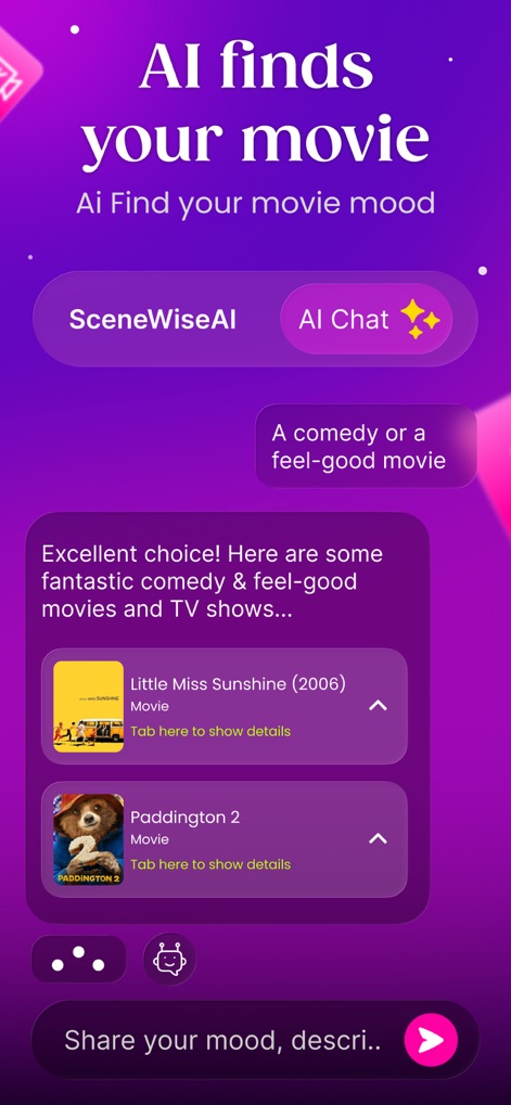 PipeCalc AI: Movie & TV Picks - 会話型AIチャットインターフェースで、ユーザーの気分に合わせた映画の推薦リストが提示されています。