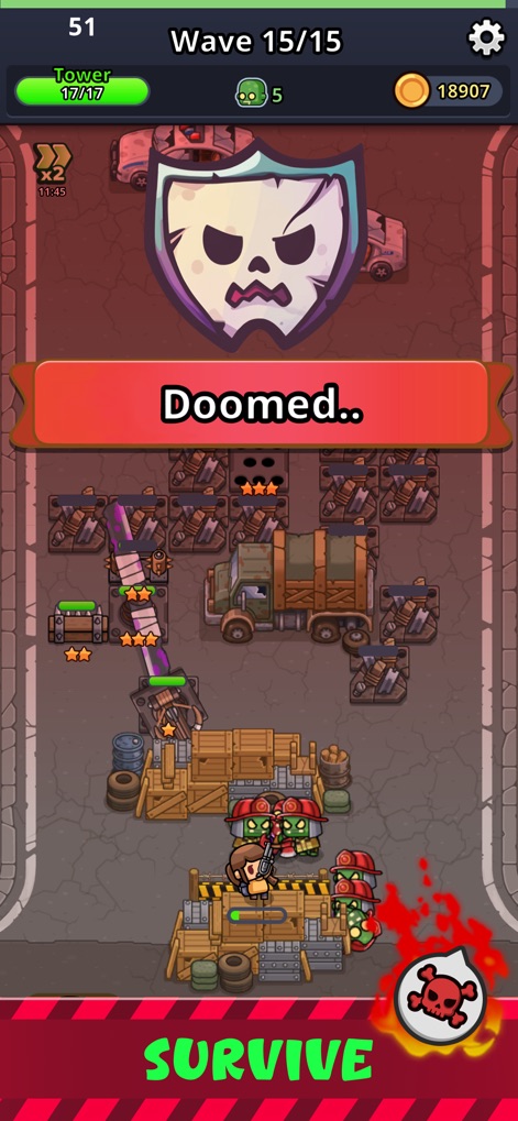 Zombie Fortress: Trap Defense - Experience the game's challenging difficulty curve, illustrated by an overrun base and the 'Doomed' end-game state after wave completion.