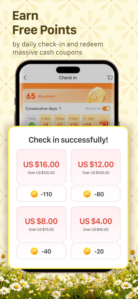 LightInTheBox - Los usuarios pueden "Ganar Puntos Gratuitos" mediante el check-in diario, lo que les permite canjear "cupones masivos" por descuentos adicionales.