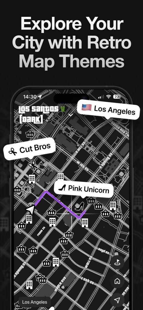 Game Maps IRL - Users can explore their surroundings with a distinct retro map theme, visually transforming locations like 'Los Angeles' into iconic game-inspired settings such as 'Los Santos [DARK]'.