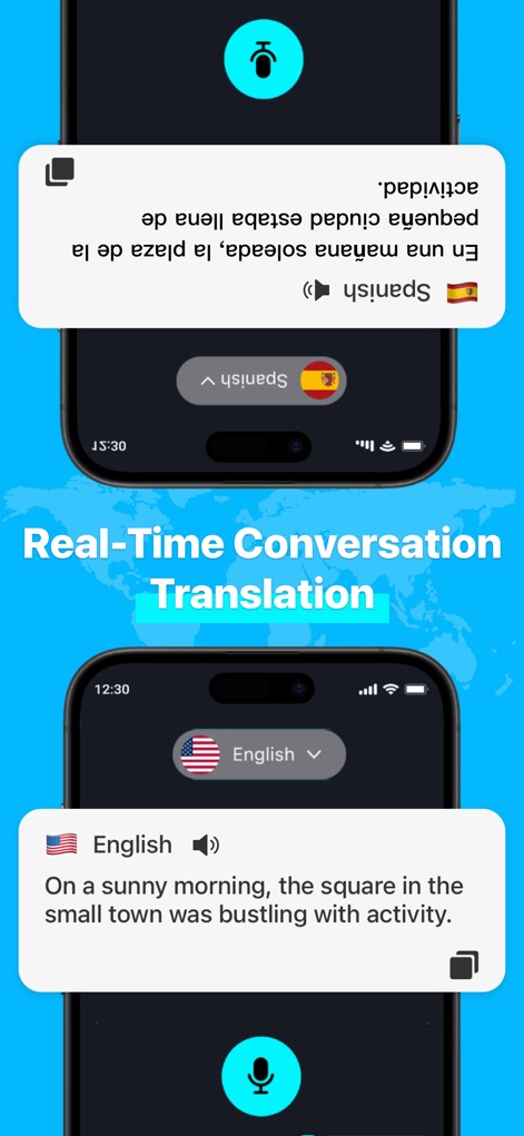 AI Real-time Translator - Os usuários podem ver a tradução bidirecional em tempo real, onde o texto original em espanhol é instantaneamente espelhado pela versão em inglês, facilitando a comunicação sem interrupções.