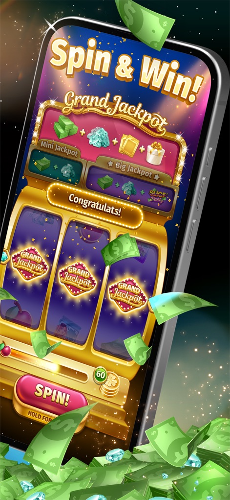 Solitaire Stash: Win Real Cash - Users can try their luck with the 'Spin & Win!' mini-game, featuring a classic slot machine interface with a 'Grand Jackpot' display and a clearly marked 'Spin!' button for instant play.