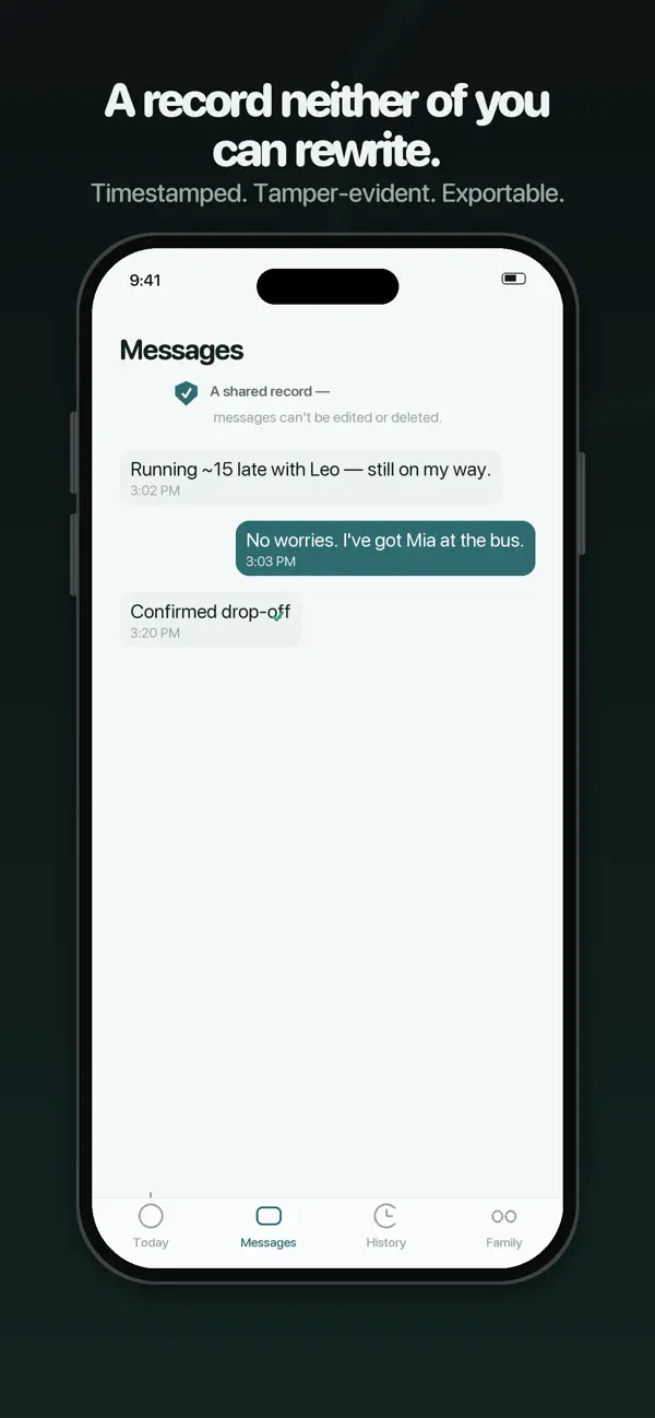 Justoo: Co-Parent Hand-offs iPhone and iPad interface for Who has the kids right now? Both parents always know, from the official App Store gallery