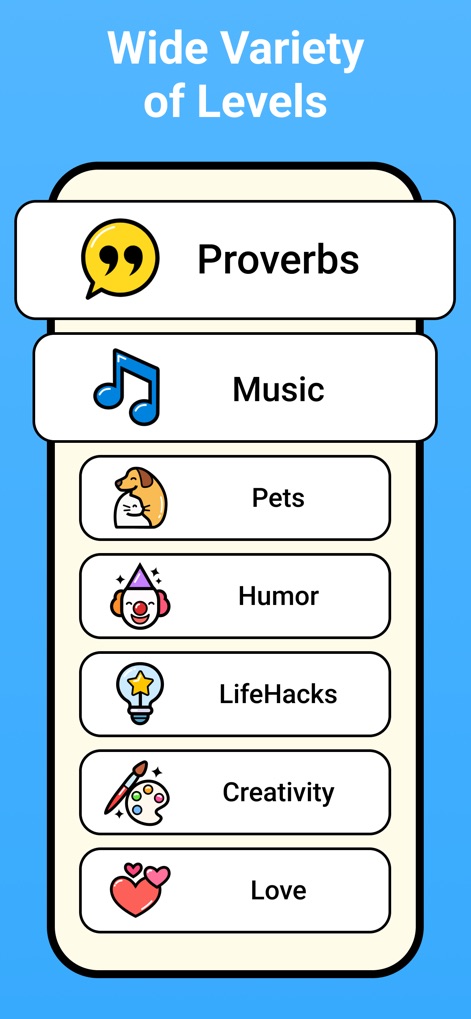Figgerits - Word Puzzle Games - Figgerits offers a broad range of content, allowing users to select puzzles from `themed categories` represented by `distinct icons`.