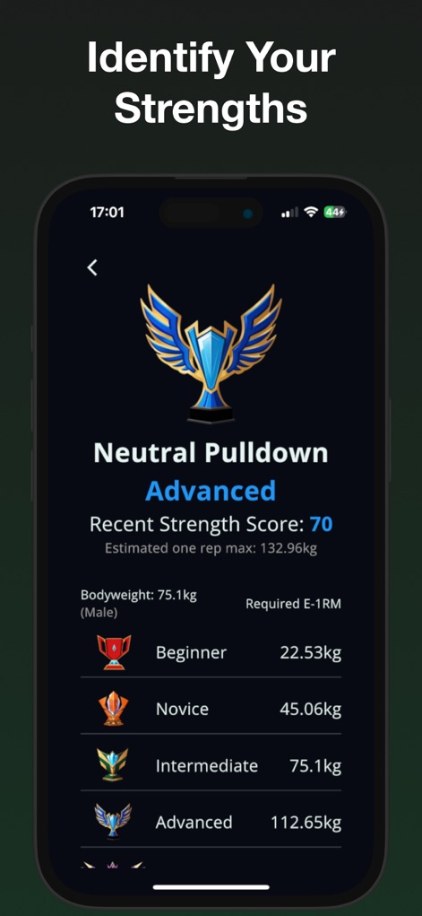 Stronger - Gym Workout Planner - Explore how the app showcases individual exercise strength scores, complete with a progress badge, and benchmarks performance against various levels, including estimated 1RM values.