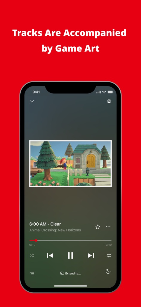 Nintendo Music - Tracks are presented with captivating game art, exemplified by a serene Animal Crossing: New Horizons scene, alongside clear playback controls and a visible progress bar.