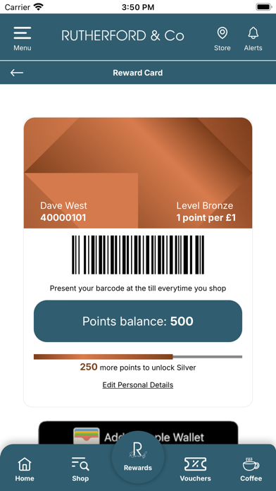 Rutherfords Reward Card Screenshot