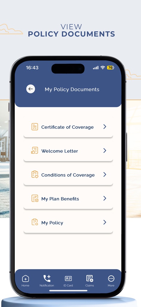 VUMI Travel VIP - L'application organise tous les documents importants de la police, tels que le "Certificate of Coverage" et les "Conditions of Coverage", pour un accès rapide et facile par les assurés.