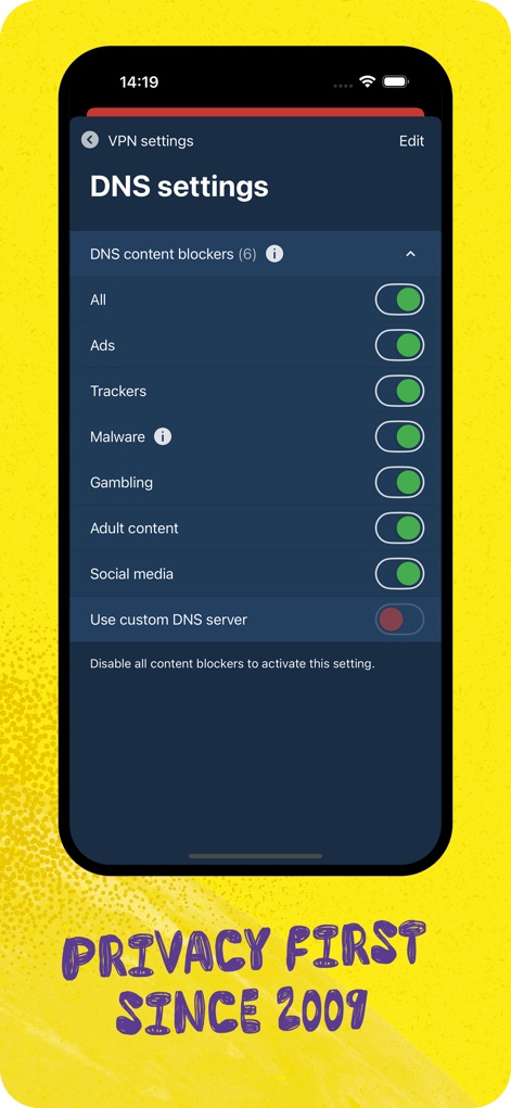 Mullvad VPN - As configurações de DNS oferecem controles granulares para bloqueadores de conteúdo, como anúncios e rastreadores, e a flexibilidade de usar um servidor DNS personalizado.