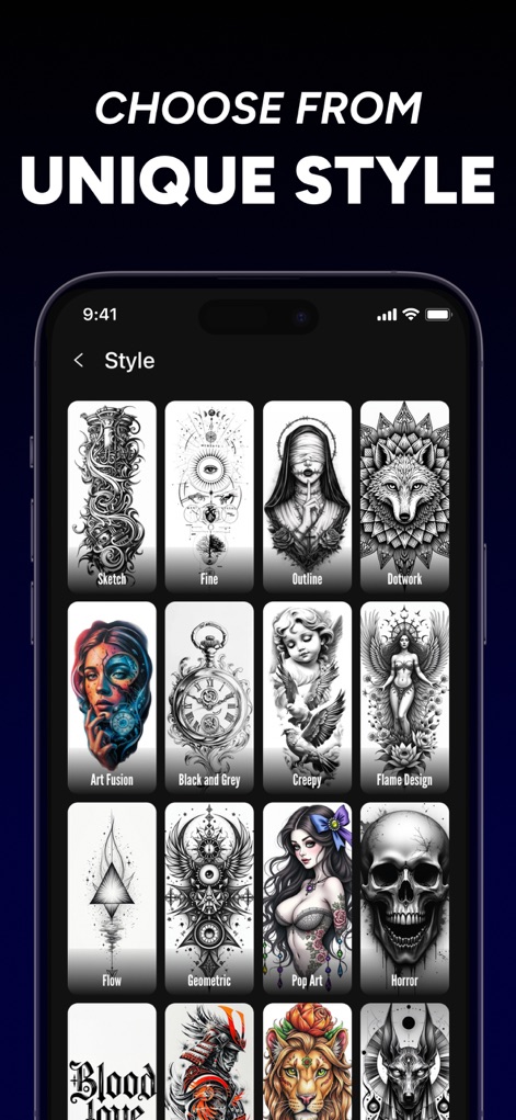 AI Tattoo Generator - INKDNA - Die App bietet eine breite Palette einzigartiger Tattoo-Stile zur Auswahl, von "Sketch" über "Dotwork" bis zu "Art Fusion", um jedem Nutzerwunsch gerecht zu werden.