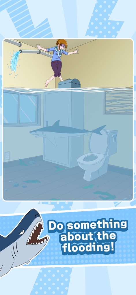 Tricky Mean - Brain puzzle - This scene showcases the urgent task of addressing a flooded room and the unexpected appearance of a shark.