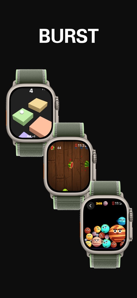 Watch Game Collection - 立体的なブロックを正確に積み上げるチャレンジと、宇宙の惑星を合体させて大きくするユニークなパズルで、短時間で楽しめます。