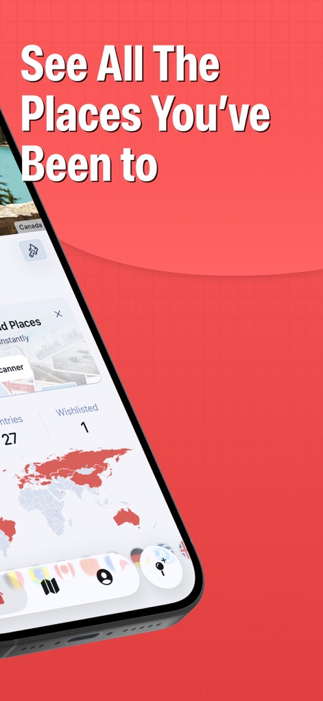 Pin Traveler: Track Travel Map - Discover how the app instantly visualizes all the countries a user has visited, marked clearly in red on a dynamic world map, alongside a count of 'Countries' and 'Wishlisted' locations.