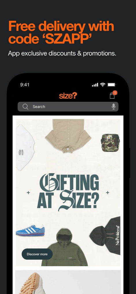 size? - Die Startseite präsentiert eine auffällige "Gifting at size?"-Kampagne und bietet eine intuitive Suchleiste sowie einen Benachrichtigungs-Badge für Updates.