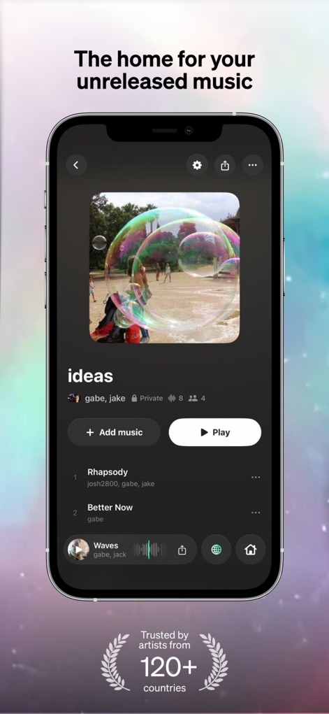 Baton - Unreleased Music - La aplicación centraliza proyectos musicales como 'ideas' y facilita la gestión con botones claros para 'Add music' o 'Play'.