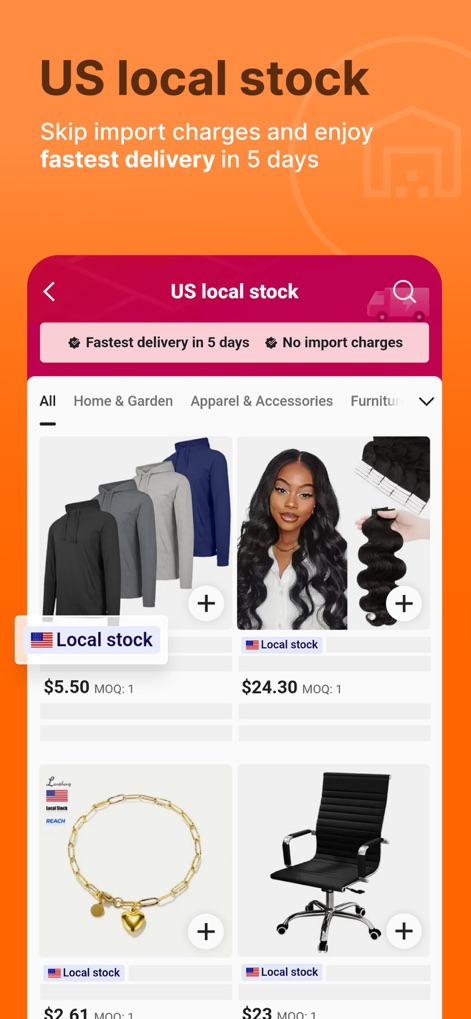 Alibaba.com - This tool highlights the benefits of "US local stock", allowing users to enjoy the "Fastest delivery in 5 days" and avoid import charges.