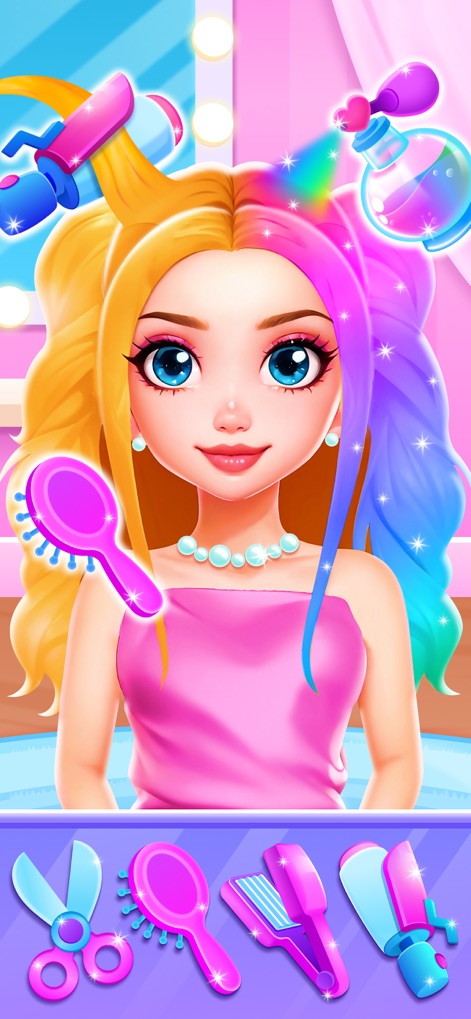 Beauty Salon Games for Girls - この画面は、自由なヘアスタイリングの可能性を示しています。ユーザーは、個性的なカラフルなヘアスタイルを作成し、豊富なヘアスタイリングツールを駆使して、思い通りのルックを実現できます。