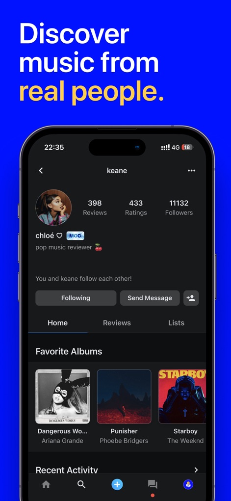 Musicboard: Albums & Songs - This tool allows users to explore community profiles, showcasing individual user statistics like reviews and ratings, along with their curated 'Favorite Albums'.