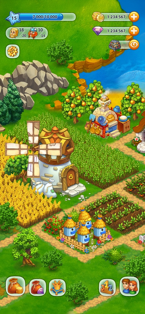 Harvest Land - The expansive farm layout is visible, featuring essential structures like a windmill and charming birdhouses, set against a backdrop of diverse terrain including rocky cliffs.