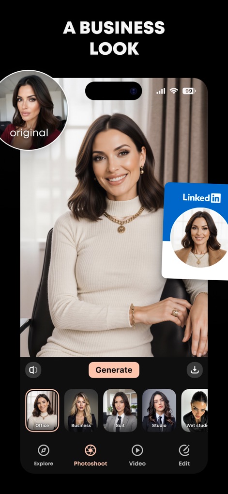 GIO - AI Photoshoot Generator - This tool offers specialized style options for a business look, generating professional headshots and showing a seamless integration with platforms like LinkedIn.