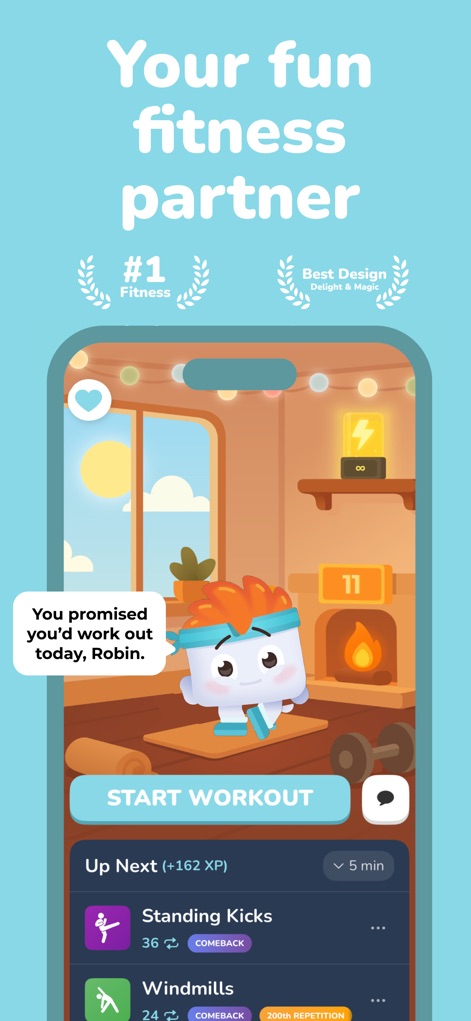 Home Workouts & Fitness | Luvu - The app introduces users to Luvu, a charismatic companion, immediately engaging them with a personalized motivational message and a clear 'Start Workout' prompt.