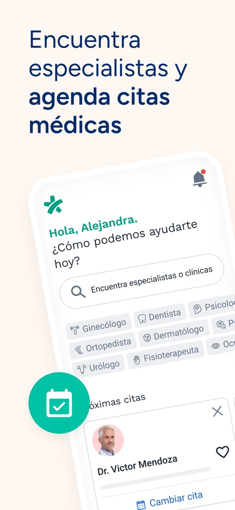 Doctoralia - Mexico - The intuitive home screen offers a prominent search bar to 'Encuentra especialistas' (find specialists) and a clear overview of 'Próximas citas' (upcoming appointments) for efficient management.