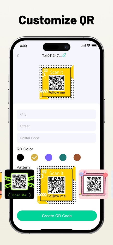 Safe QR Barcode Reader Creator - Learn how users can effortlessly customize QR codes with distinct color choices and various patterns, alongside personalized text elements like 'Scan it' and 'Follow me'.
